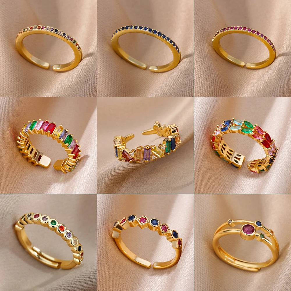 Bunte Zirkonringe für Damen Goldfarbe Edelstahl Mode Cubic Zirkonia Ring 2023 Trend Ästhetischer Hochzeitsschmuck Geschenk