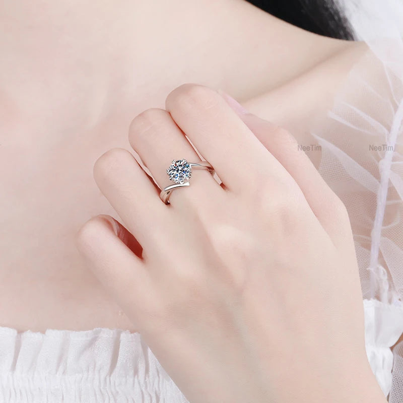 NeeTim Anillo de Moissanita de 0.5-2ct Anillo de Diamante de Laboratorio para Mujer Plata S925 Copo de Nieve Anillo de Compromiso Boda Joyería Certificada
