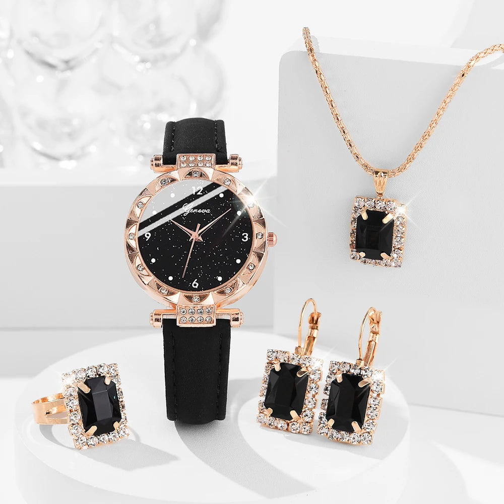 Damen Uhren 5-teiliges Set Luxus Strass Damen Mode Elegante Armbanduhr Quarzuhr für Mädchen Armbanduhr Armband Geschenk