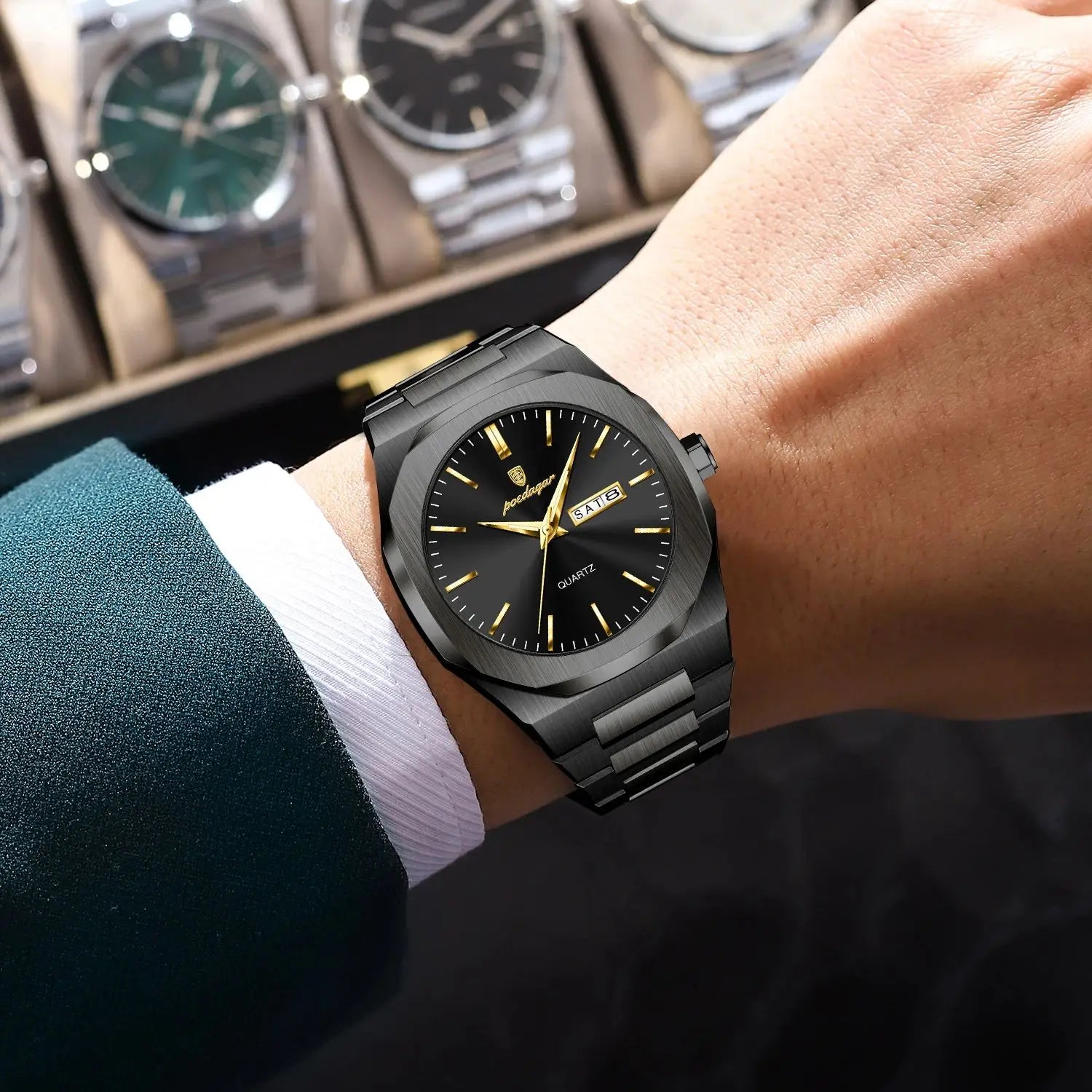Reloj de hombre de marca de moda POEDAGAR, impermeable, luminoso, de acero inoxidable, para hombres, fecha, semana, informal, de cuarzo, Reloj de hombre