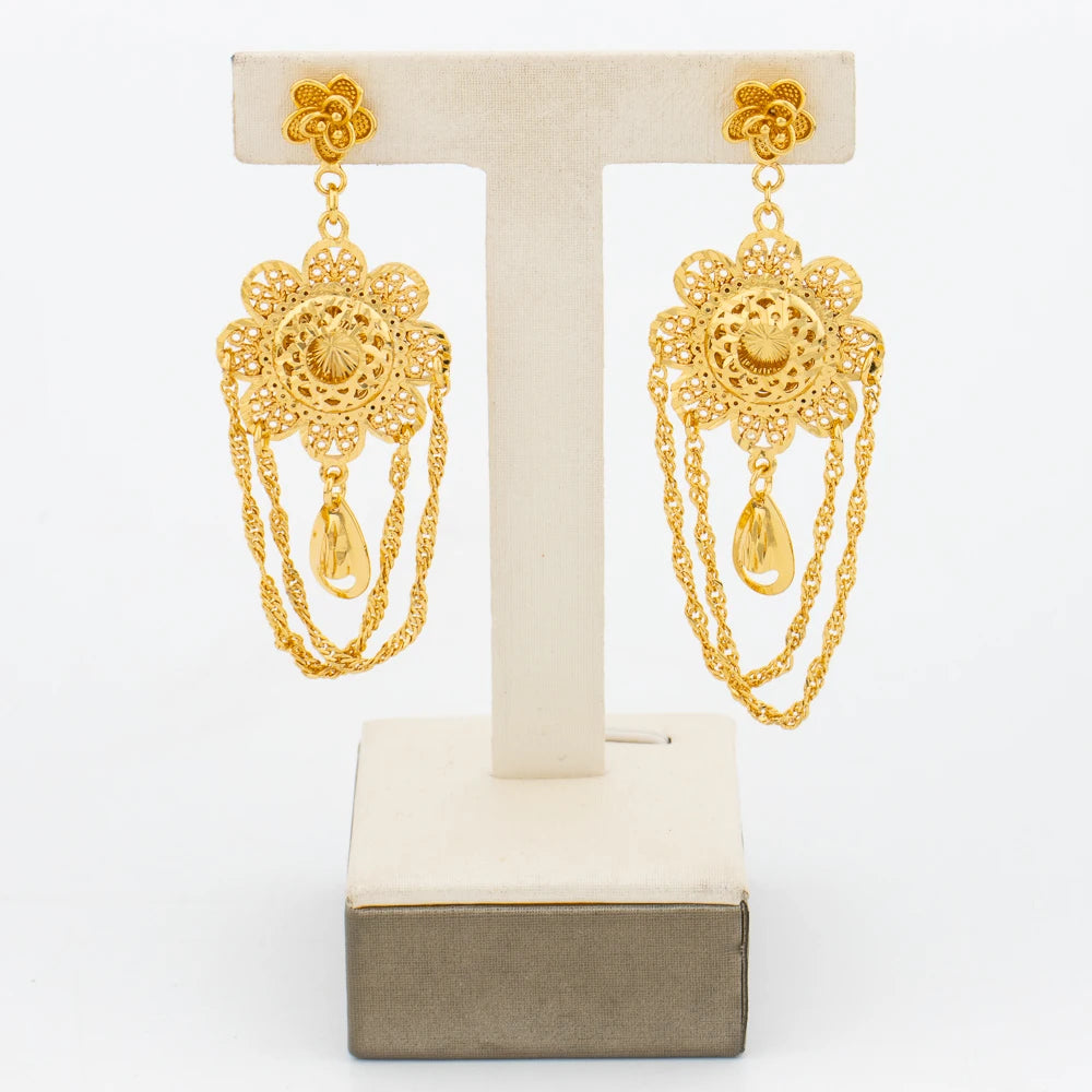 Afrikanischer 18K Goldfarbener Schmuckset für Damen Blumenmuster Halskette und Ohrringe 2-teiliges Set für Hochzeiten Party Schmuck Dubai Geschenk