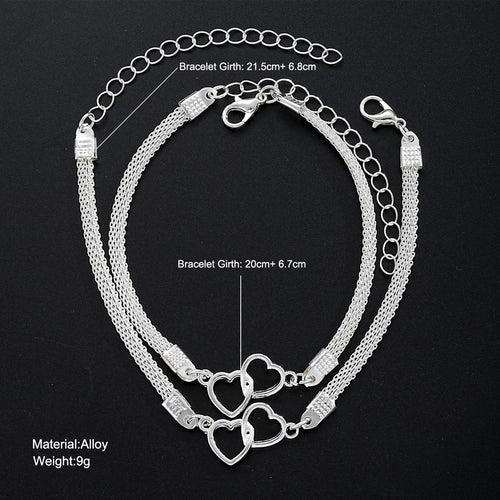 2 Pcs Set Love Heart Couple Bracelets for Women Men Silver Color Double Layer Matching Chain Bracelet Lover Jewelry Gift