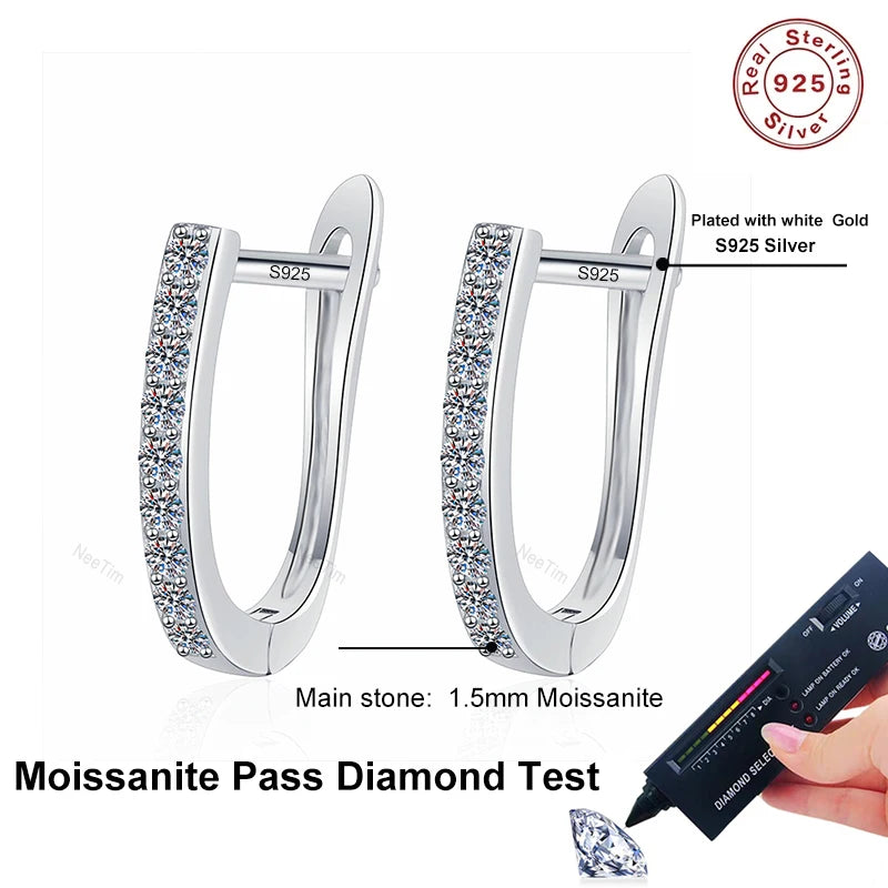 NeeTim Pendientes de aro de moissanita completa Plata de ley 925 Diamante de laboratorio Pendientes brillantes para mujer Fiesta Boda Pendientes de diseño