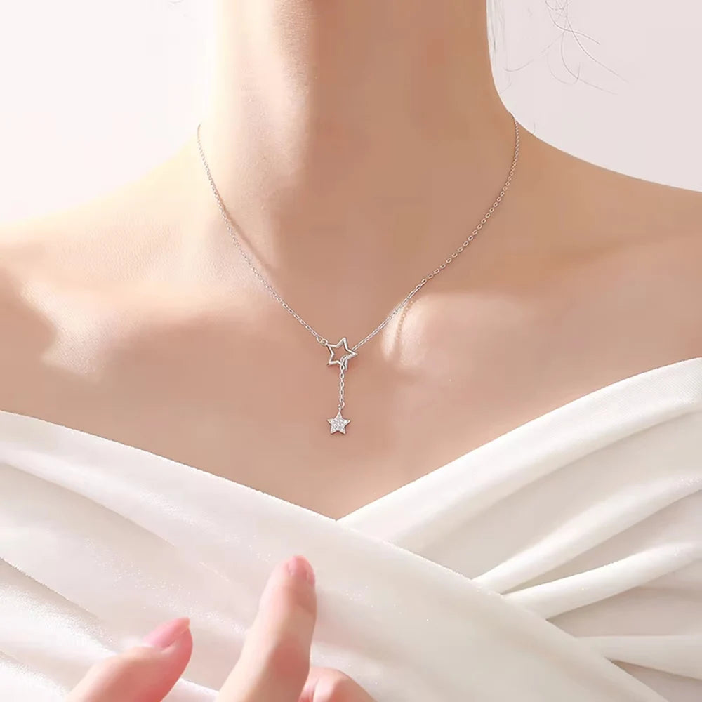 Regalo de Navidad 925 Plata de Ley Linda Estrella Brillante Gargantilla Colgante Collar Encantadora Mujer Boda Fiesta Cumpleaños Joyería