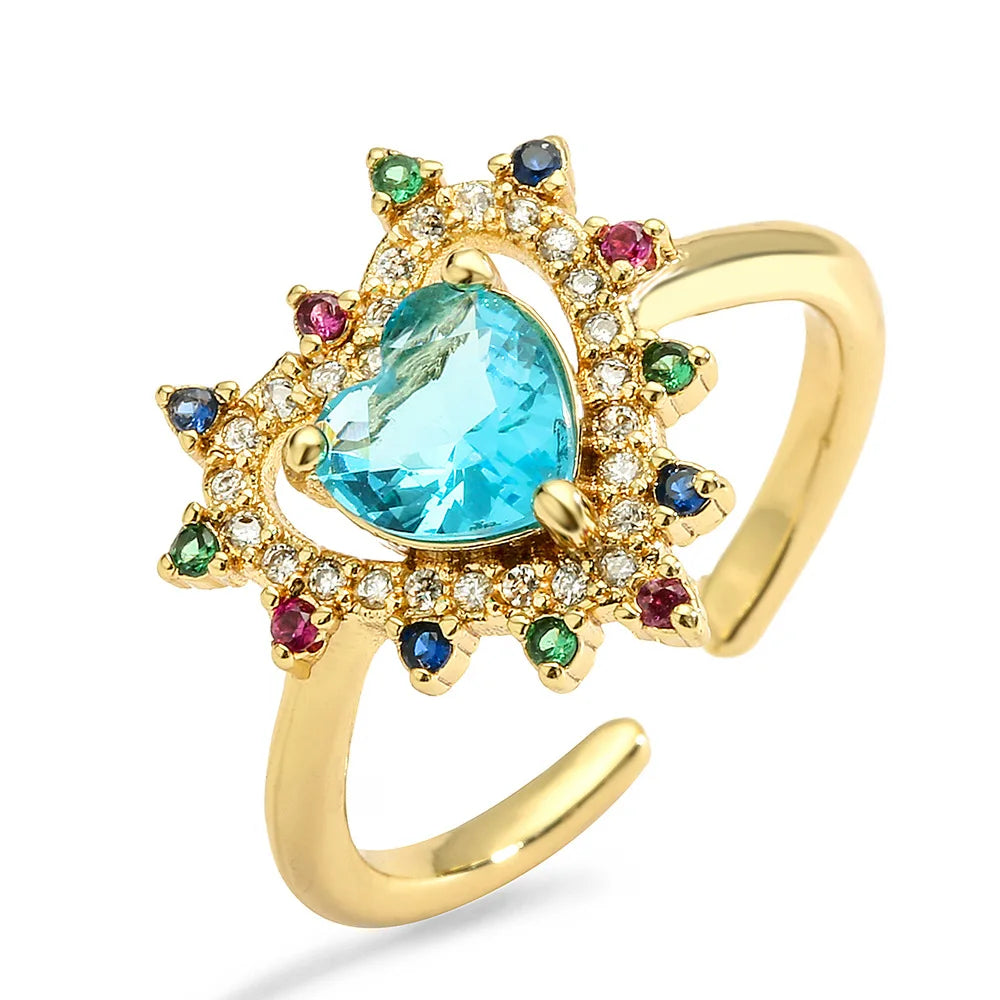 NEWBUY Fashion Bunte Zirkonia Pavé-Fassung Hochzeitsschmuck 2024 Trendiger Goldfarbener Herzanhänger Fingerring für Damen