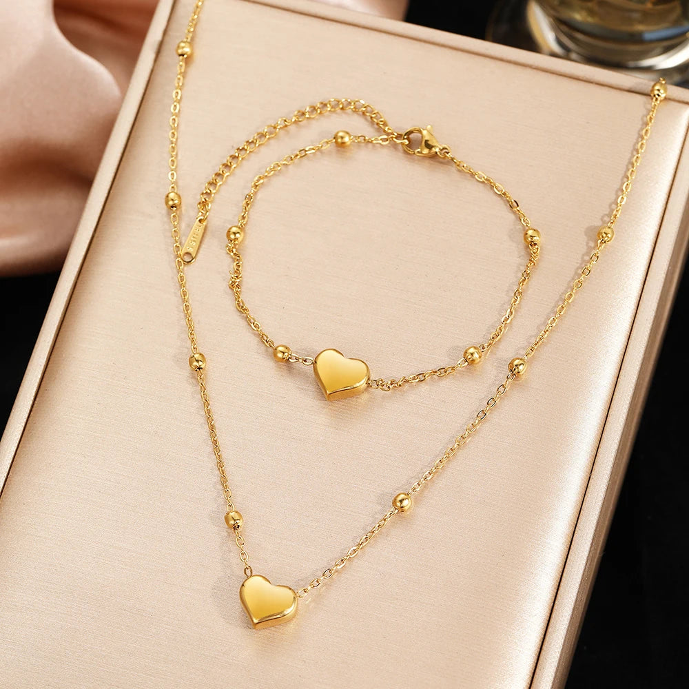 DOTIFI Edelstahl Stereoskopischer Herz-Anhänger Halskette Armband Schmuckset Einfach Mode Pendler Für Frauen Schmuck Geschenk
