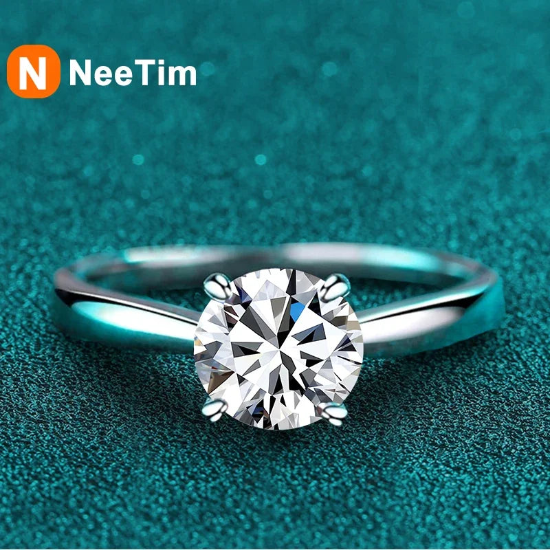 Anillo de compromiso NeeTim de moissanita de 2 quilates para mujer, plata de ley 925 con baño de oro, joyería de banda de boda de promesa con diamante de laboratorio