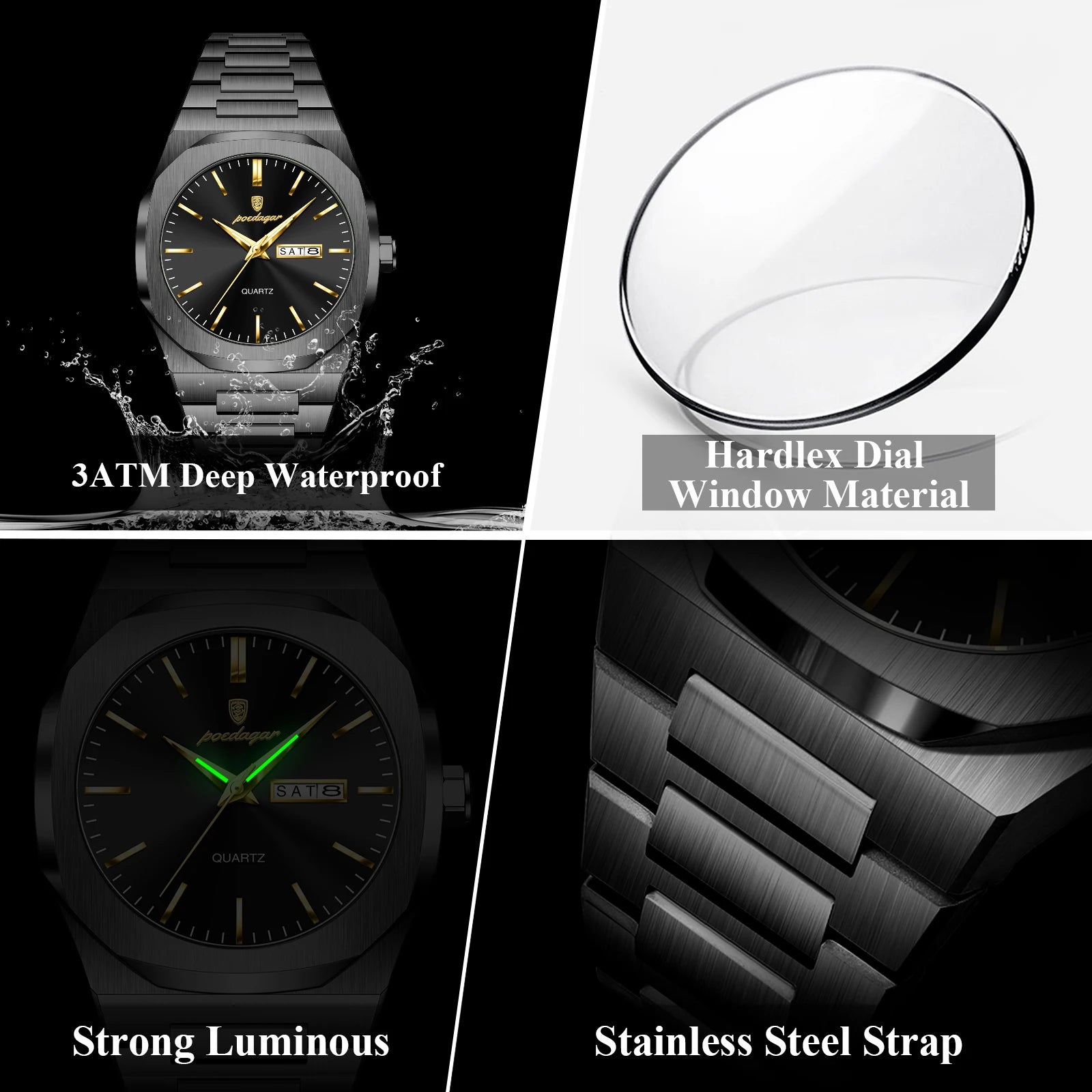 Reloj de hombre de marca de moda POEDAGAR, impermeable, luminoso, de acero inoxidable, para hombres, fecha, semana, informal, de cuarzo, Reloj de hombre