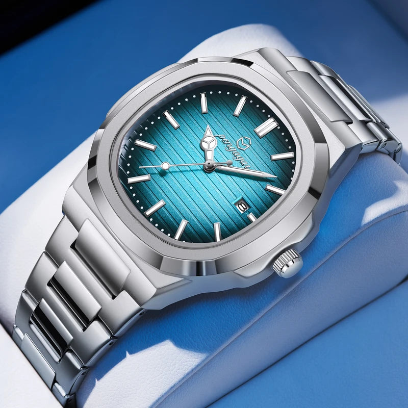 2026 Nuevo reloj de pulsera de lujo militar para hombre, cuadrado, impermeable, luminoso, con fecha y semana, reloj de cuarzo de acero inoxidable para hombre, Reloj+caja