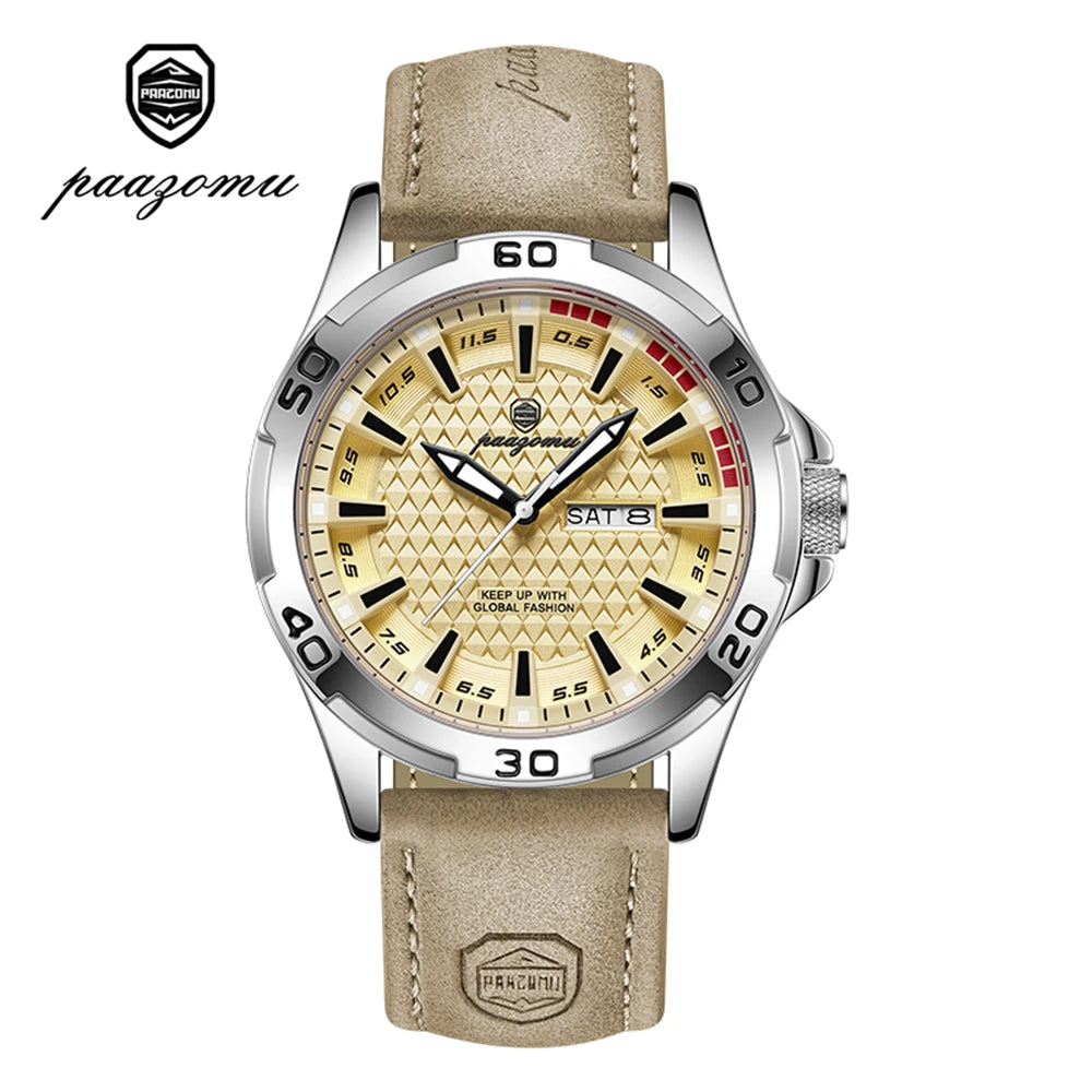 PAAZOMU Reloj de pulsera original para hombre, de lujo, resistente al agua, luminoso, con fecha y semana, de cuarzo deportivo, de cuero, para hombres Reloj