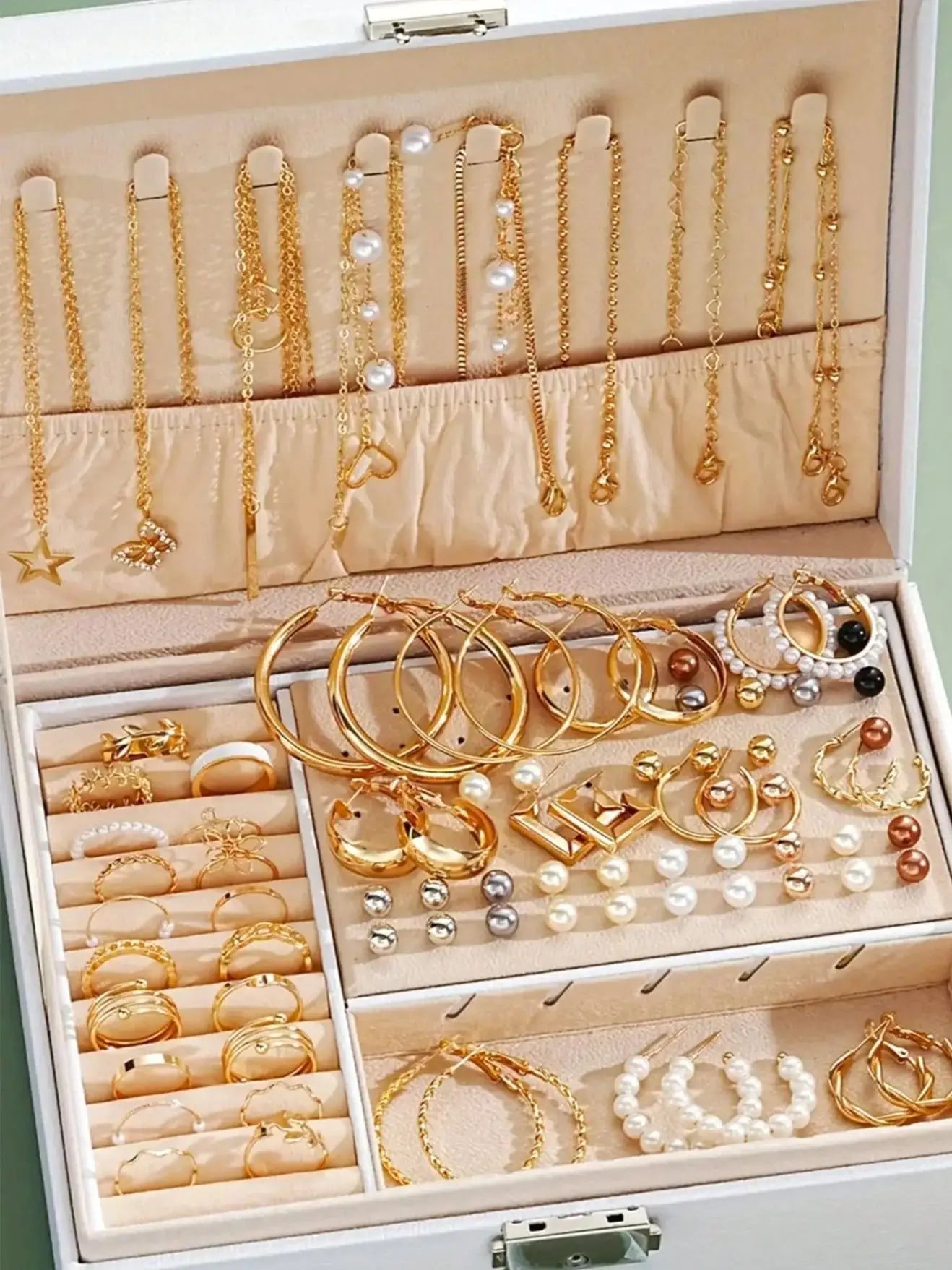 86-teiliges Set elegante Perlenohrringe, mehrlagige Halskette, Ohrstecker, Ringe, 4-in-1-Schmuckset für Damen, tägliches Tragen, Geschenk (keine Box)
