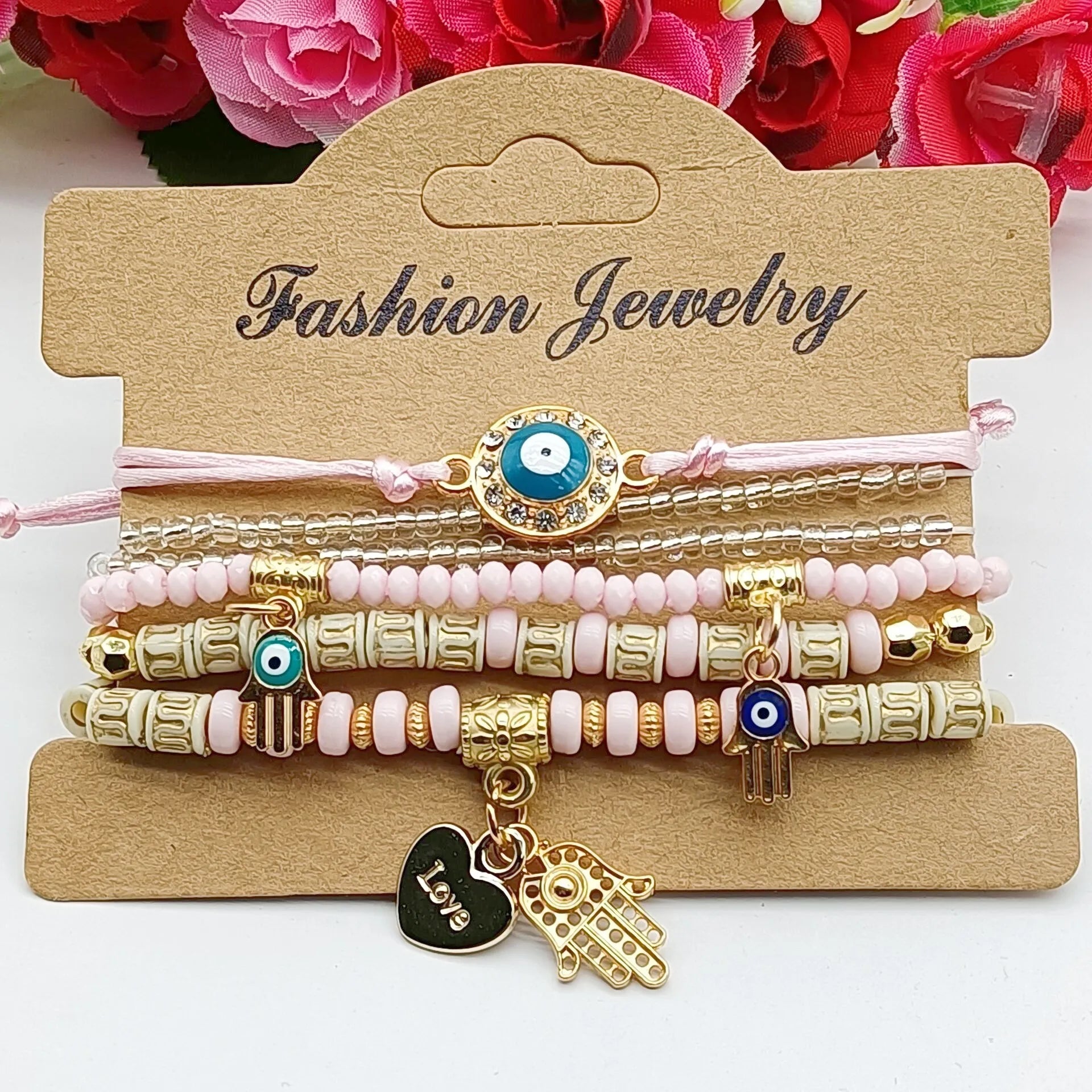 6Pcs Fatima Hand Böses Auge Armband Set für Frauen Herz Charm Perlen Seilkette Armreif Weiblicher Böhmischer Handgemachter Schmuck