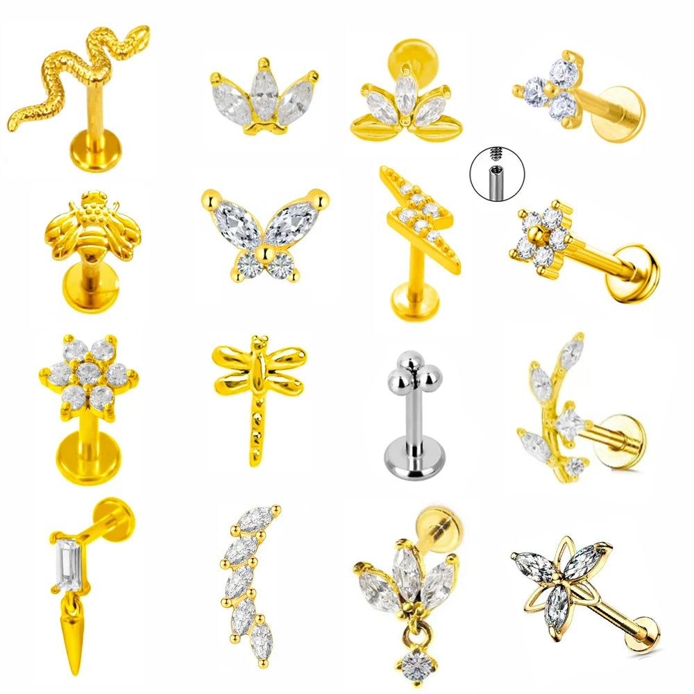 Piercing Labret de Rosca Interna Rayo Corona Abeja Flores Cartílago Pendiente Trago Conch Acero Inoxidable 316L Joyería Corporal