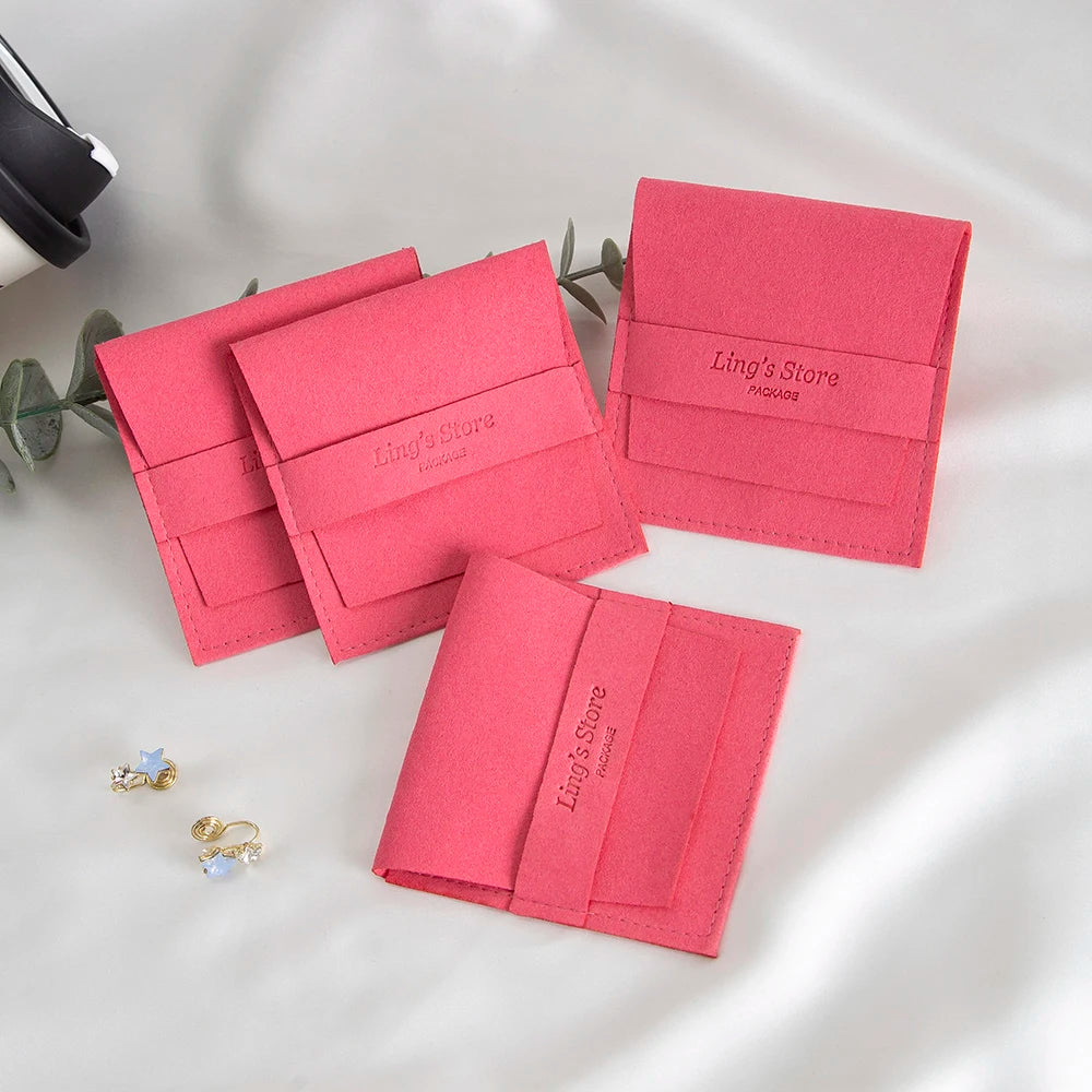 50/100Pcs Chic Custom Logo Jewelry Microfiber Strip Bag Rose Beige Pink Envelope Velvet Ring Earring Pendant Necklace Stud Pouch