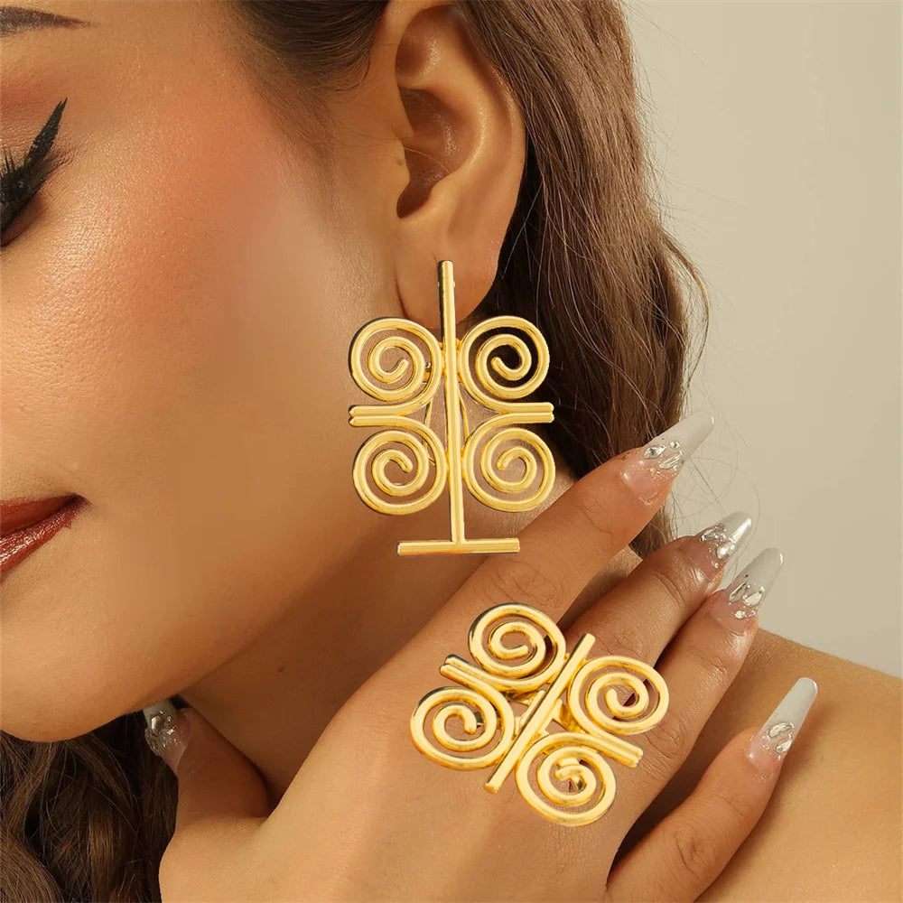 Afrikanisches Schmuckset 18K vergoldet für Partys, Ohrclips und Fingerring, 2-teiliges Set für Verlobungen, Dubai Ohrringe Ring Schmuck