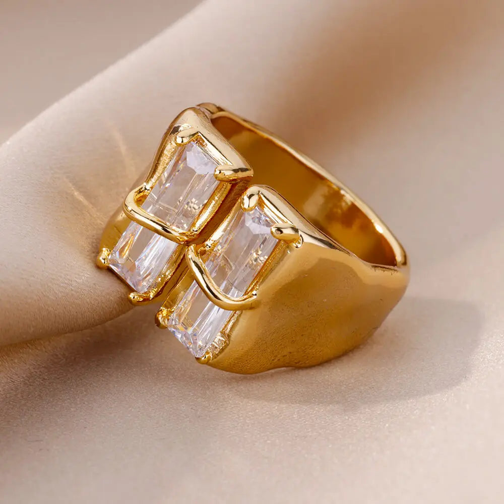 Geometrischer Zirkon-Offenring für Damen Edelstahl Luxus-Strass-Kristallring 2023 Neuer Hochzeitsschmuck Anillos