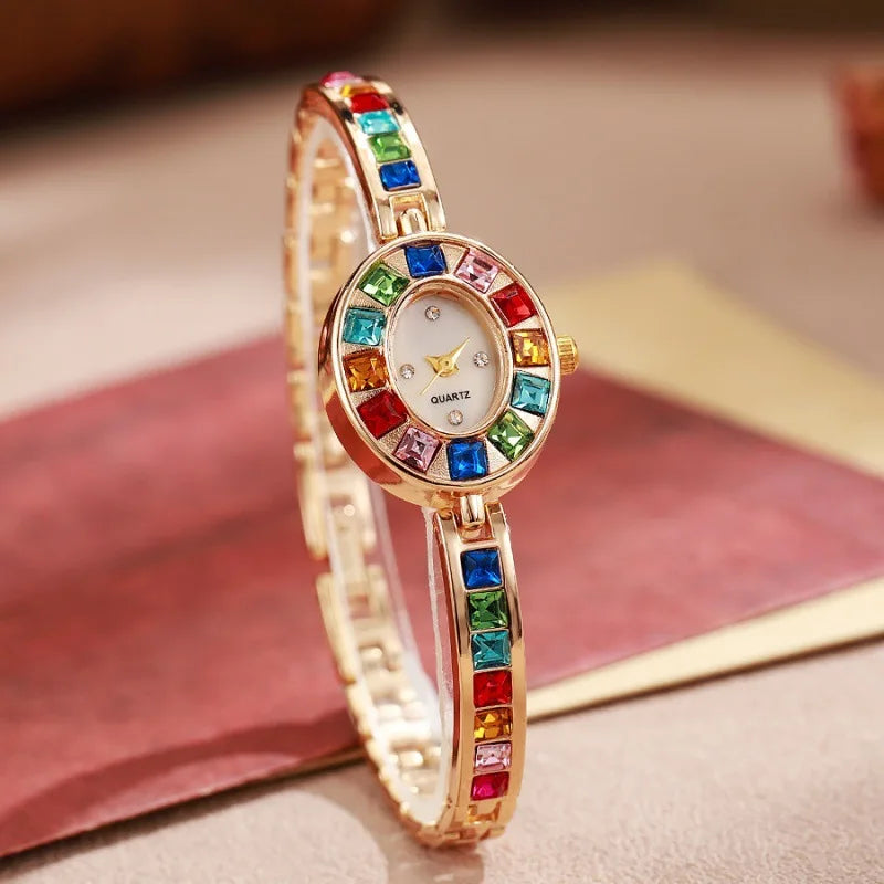 Dropshipping Damen-Quarzuhren Neue Mode-Regenbogen-Strass-Armband Ovale Zifferblatt-Armbanduhr Großhandel Armbanduhren Reloj