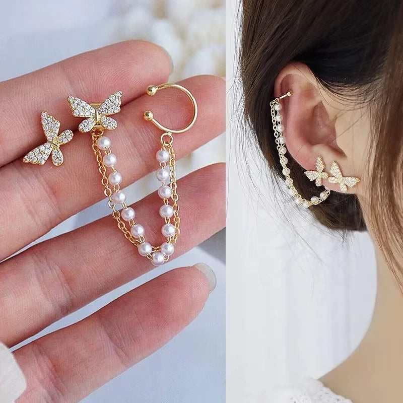 Pendientes coreanos vintage de imitación de perlas y cristal para mujer, joyería de lujo de alta gama, pendientes de circonita con forma de flor, mariposa y hoja