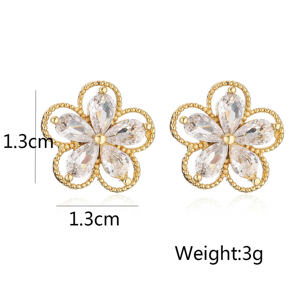 NEUKAUF Zarte goldfarbene, süße Blumen-Ohrstecker für Frauen, rosa, grüne, weiße CZ-Kristall-Schmuck, Femme Bijoux