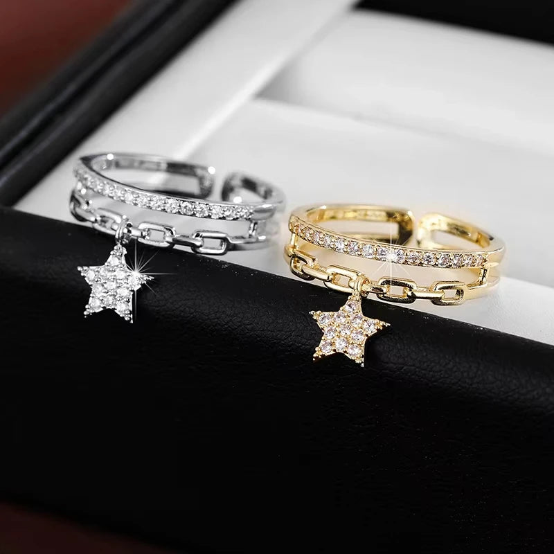 Anillo de Apertura de Doble Capa Exquisito para Mujer con Circonita Sintética Ajustable y Colgante de Estrella