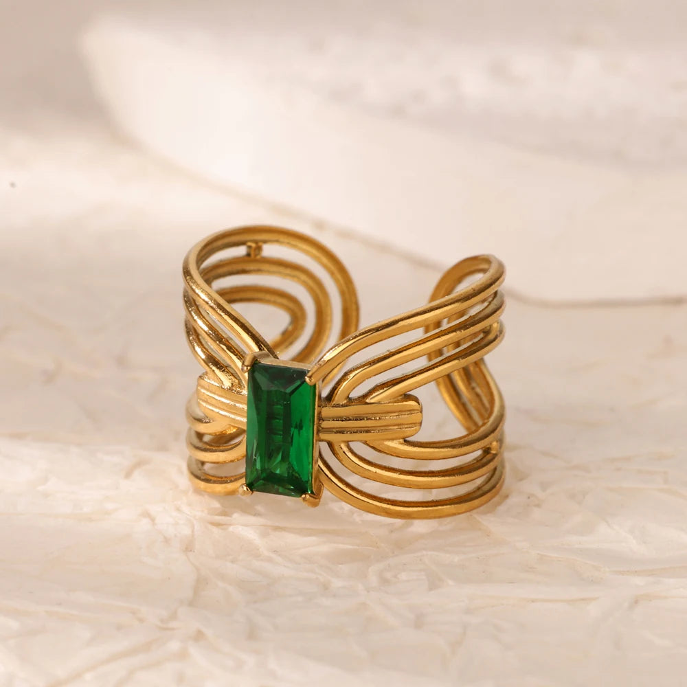 Grüne Zirkonia Herzringe für Damen, Vintage Goldfarben, Edelstahl, offener Ring, modischer ästhetischer Schmuck, Hochzeitsgeschenk