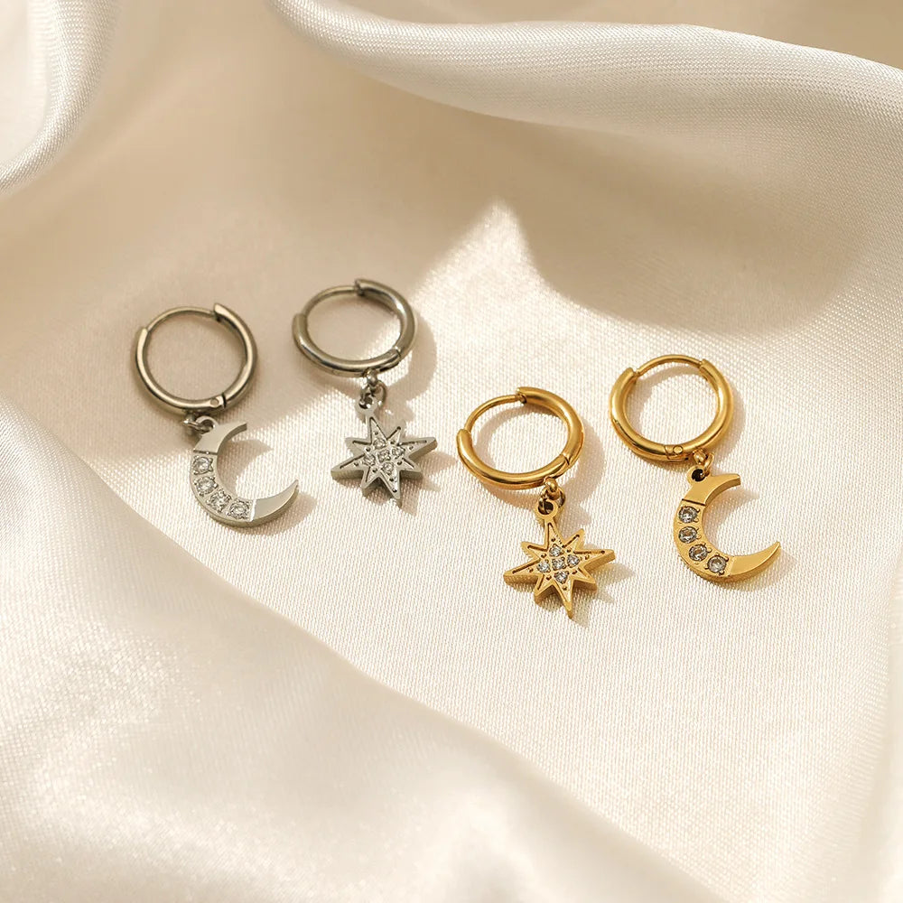 SUNIBI Pendientes colgantes de acero inoxidable para mujer, niña, estrella, luna, pendientes, joyería de boda, regalo de fiesta al por mayor