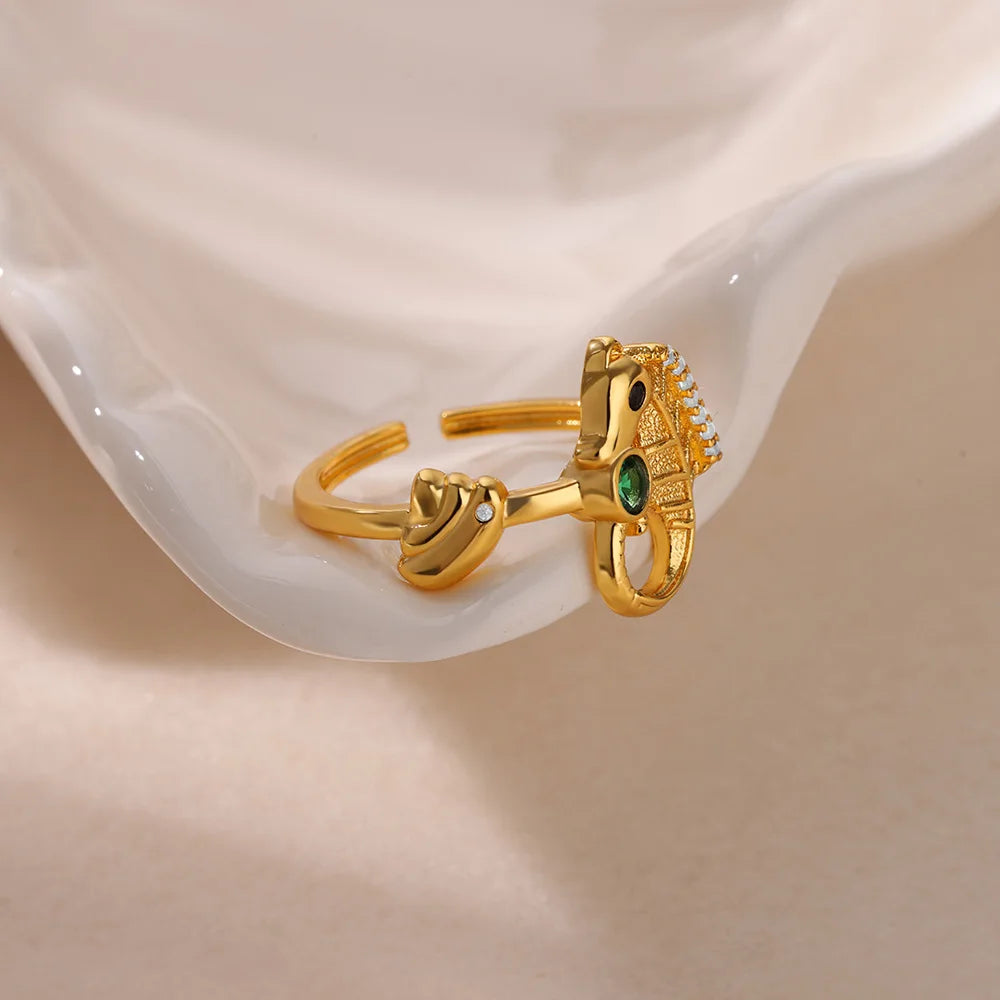 Grüne Zirkon Seepferdchen Ringe für Frauen Ozean Muschel Seestern Schildkröte Edelstahl Goldfarben Fingerring Sommer Strand Schmuck
