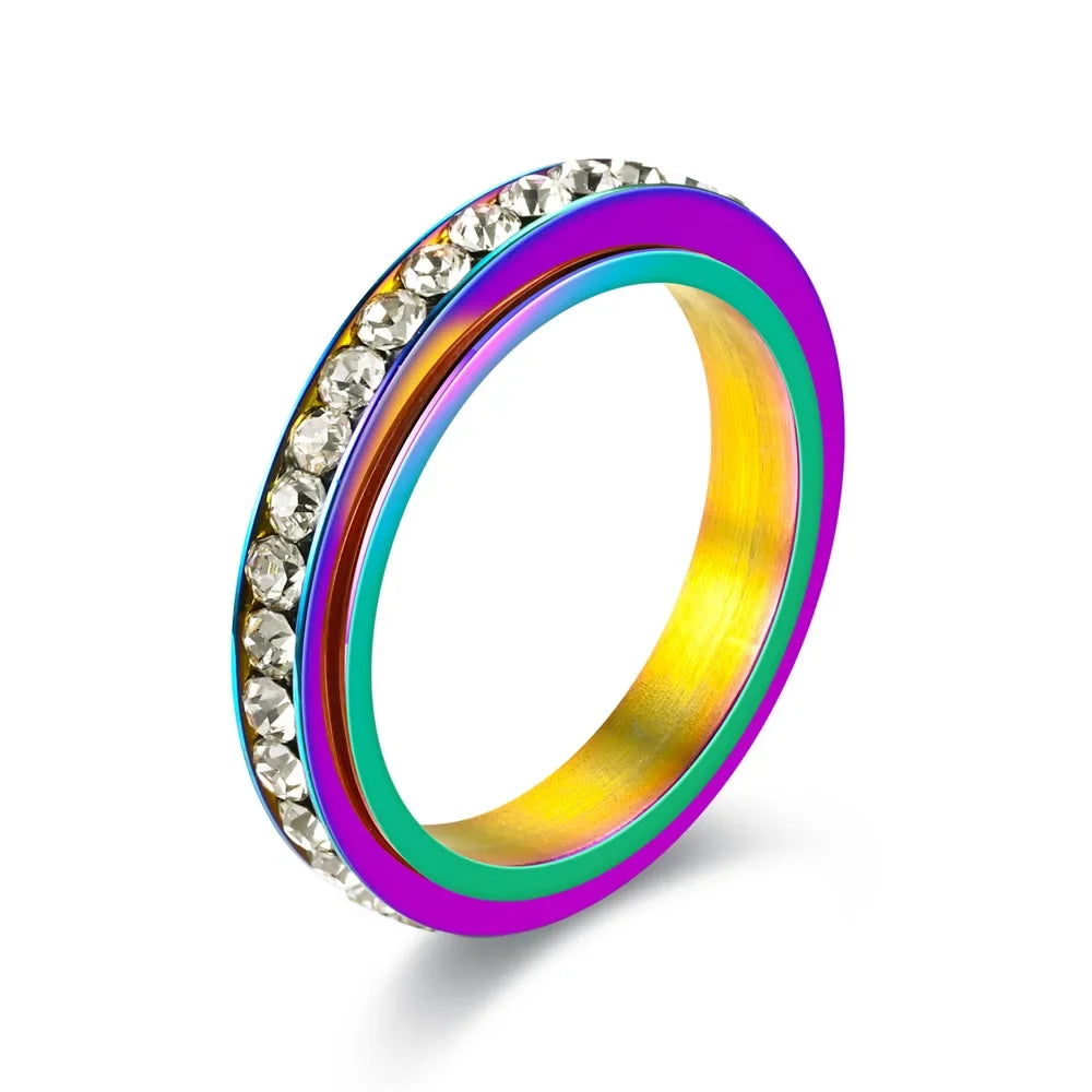 4MM Edelstahl Spinner Fingerringe für Frauen Kristall Drehbare Eheringe Männer Mode Jahrestag Party Schmuck