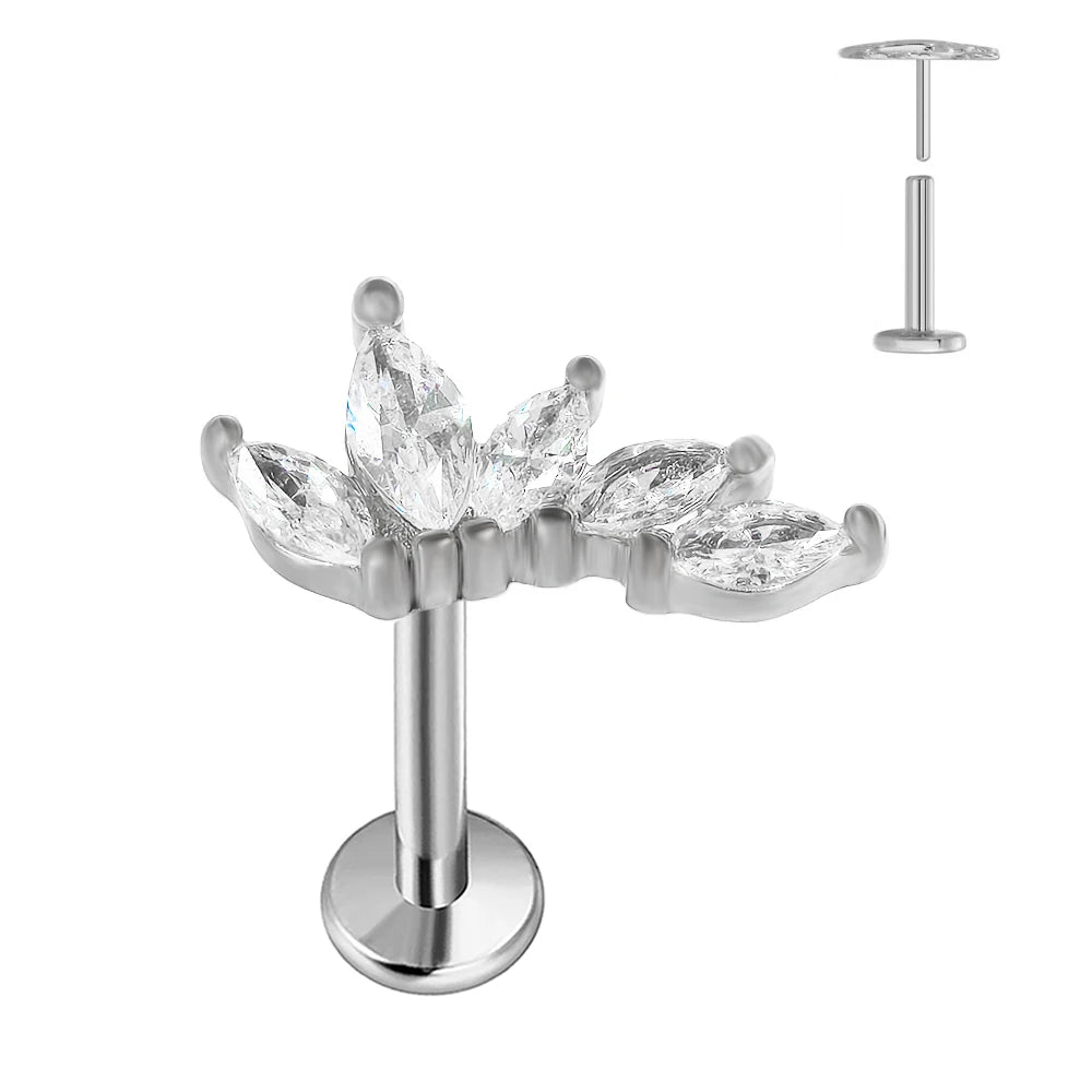 Pendiente de flor de titanio ASTM F136 G23, calibre 16G 18G 20G, sin rosca, piercing de hoja para labio, daith, labret, concha