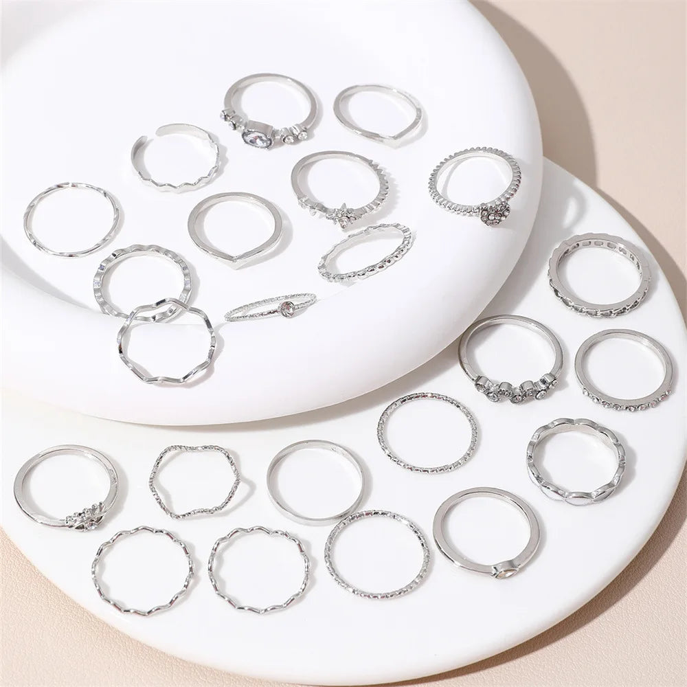 23-teiliges Mode-Knöchelring-Set für Damen, Kristall, Stern, Mond, Auge, Welle, Gold, Silber, Farbe, Ringe, weiblicher, trendiger Party-Schmuck, Geschenk