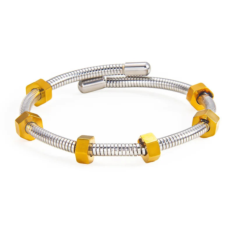 1x Edelstahl vergoldet Armreif Trendiger Retro Hip-Hop Stil Armband Fried Dough Twists Stahldrahtseil Farbfester Armreif