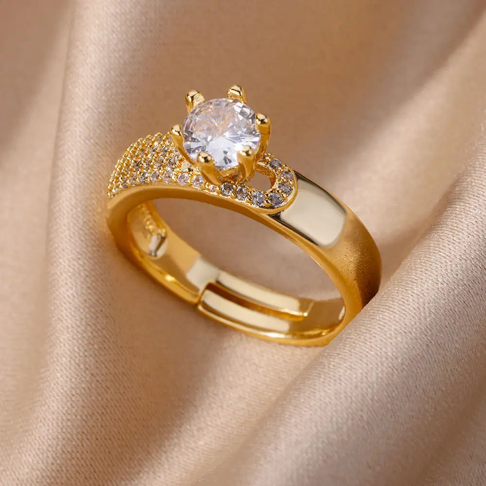Edelstahl Runde Ringe Für Frauen Zirkon Geometrische Goldfarbe Kristall Ring Ästhetische Hochzeit Party Schmuck Geschenk Bague Femme