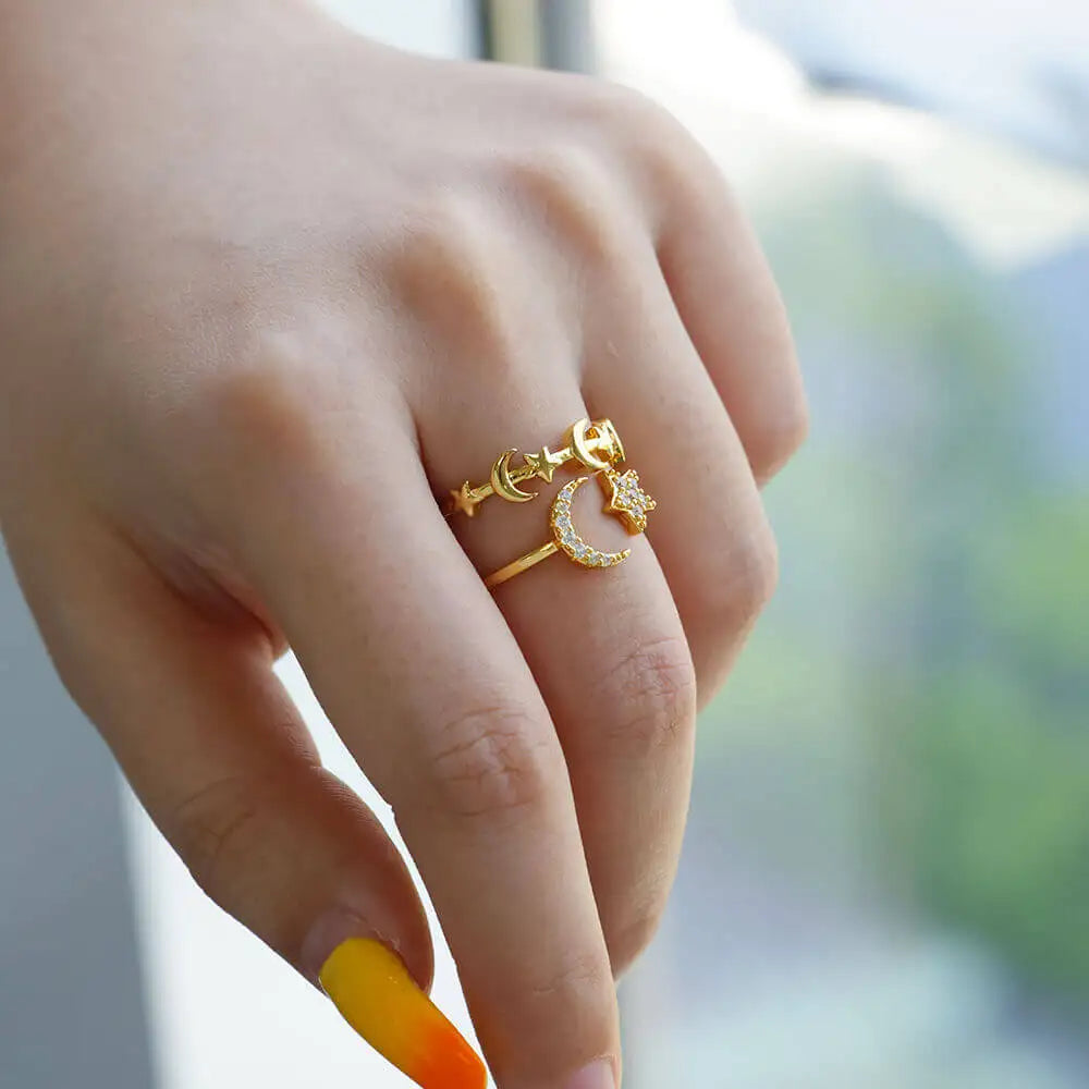Zirkon Stern Mond Ringe für Frauen Goldfarben Verstellbar Edelstahl Mond Stern Ring Hochzeit Ästhetische Party Schmuck Geschenk BFF