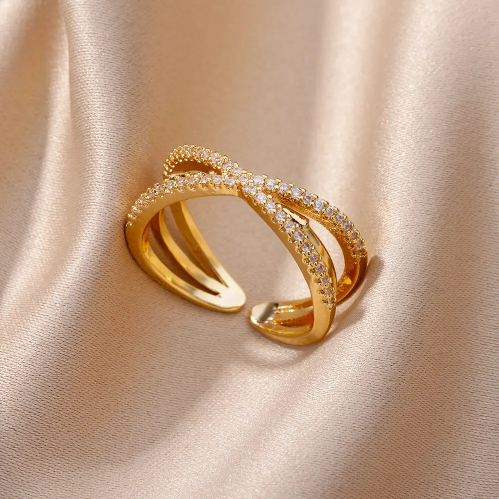 Zirkon Herzringe für Frauen Edelstahl Goldfarbe Doppelherzring Hochzeit Verlobung Schmuck Accessoires Geschenk Bijoux