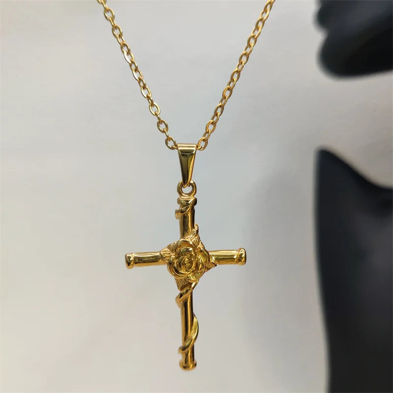 Collar con colgante de cruz de rosa con dije de acero inoxidable chapado en oro de 18k, vintage, impermeable, para hombres y mujeres, regalo de joyería