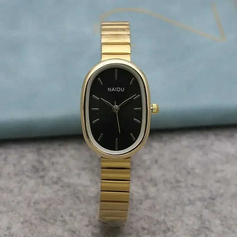 Reloj de cuarzo para mujer con esfera ovalada pequeña, correa de bambú de acero inoxidable, para niña, estudiante, ocio, moda, lujo, regalo, venta al por mayor