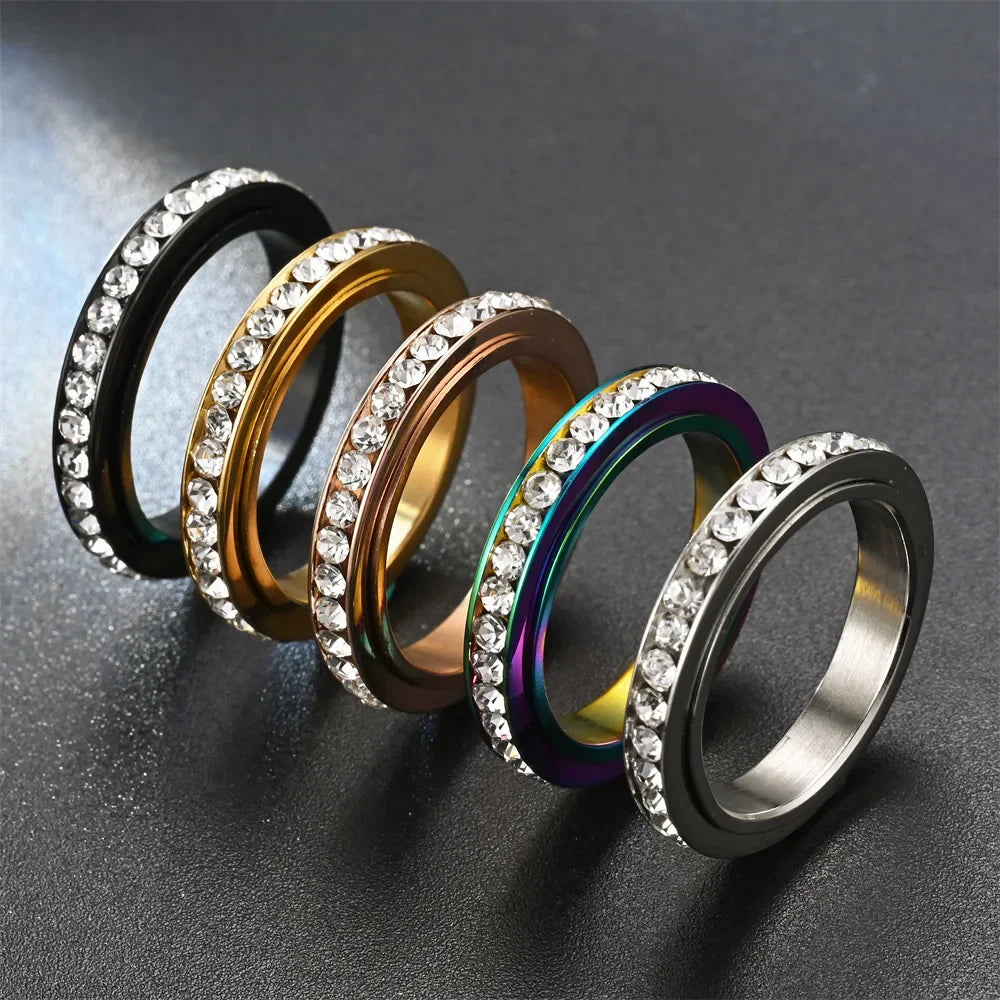 4MM Edelstahl Spinner Fingerringe für Frauen Kristall Drehbare Eheringe Männer Mode Jahrestag Party Schmuck