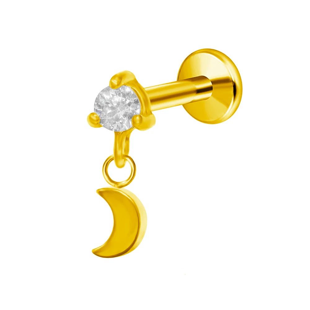 Pendiente de cartílago sin rosca con colgante de luna y estrella de titanio G23 para piercing labret con cono puntiagudo