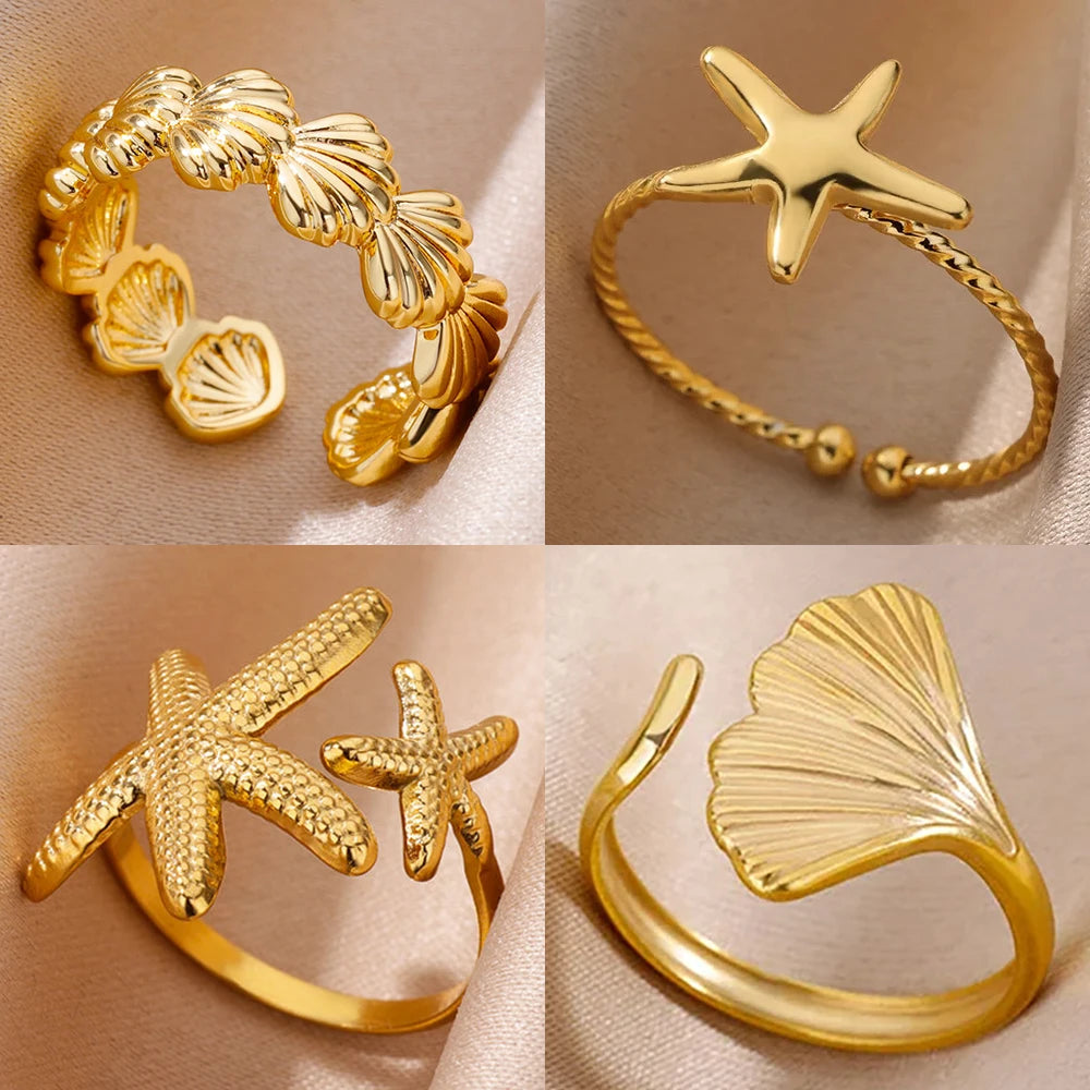 Ozean Seestern Muschel Offene Ringe Für Frauen Goldfarben Edelstahlring Sommer Strand Ästhetik Wasserdichter Schmuck Geschenk