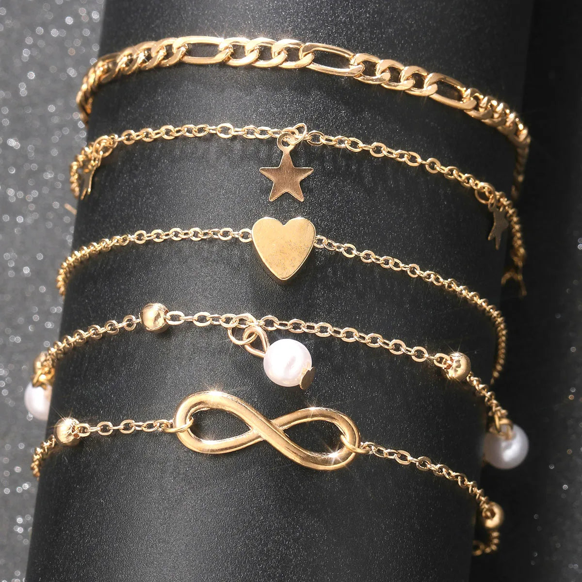5 Stück Retro Mehrschichtiger Quasten-Fußkettchen-Set für Frauen Böhmen Vintage Perlen Schmetterling Stern Herz Anhänger Fußkettchen Strand Schmuck