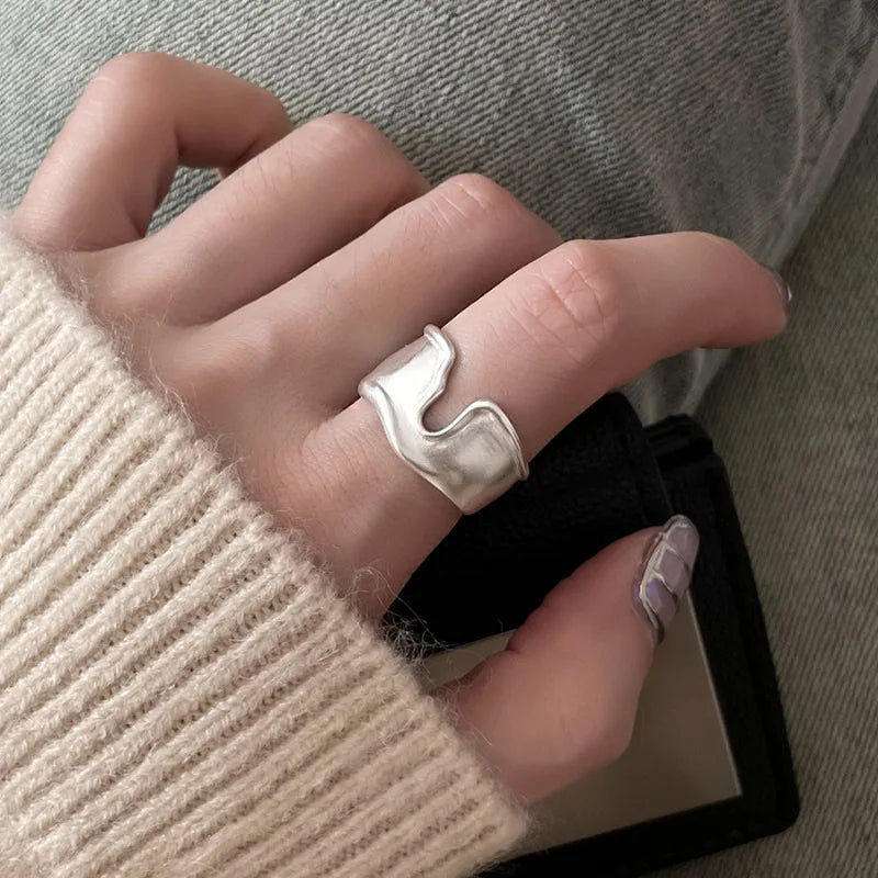 VENTFILLE 925 Sterling Silver Rings INS Fashion Hip Hop Vintage Couples Hollow Lines Punk Thai Silver Party Adjustable  Jewelry