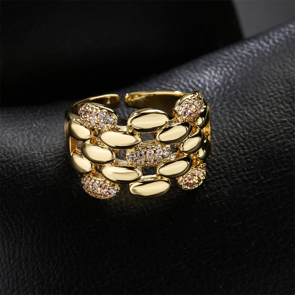 NEWBUY Trendiger Goldfarben Kupfer Geometrischer Schmuck Luxuriöser AAA Zirkonia Ehering Für Elegante Frauen Verlobungsgeschenk