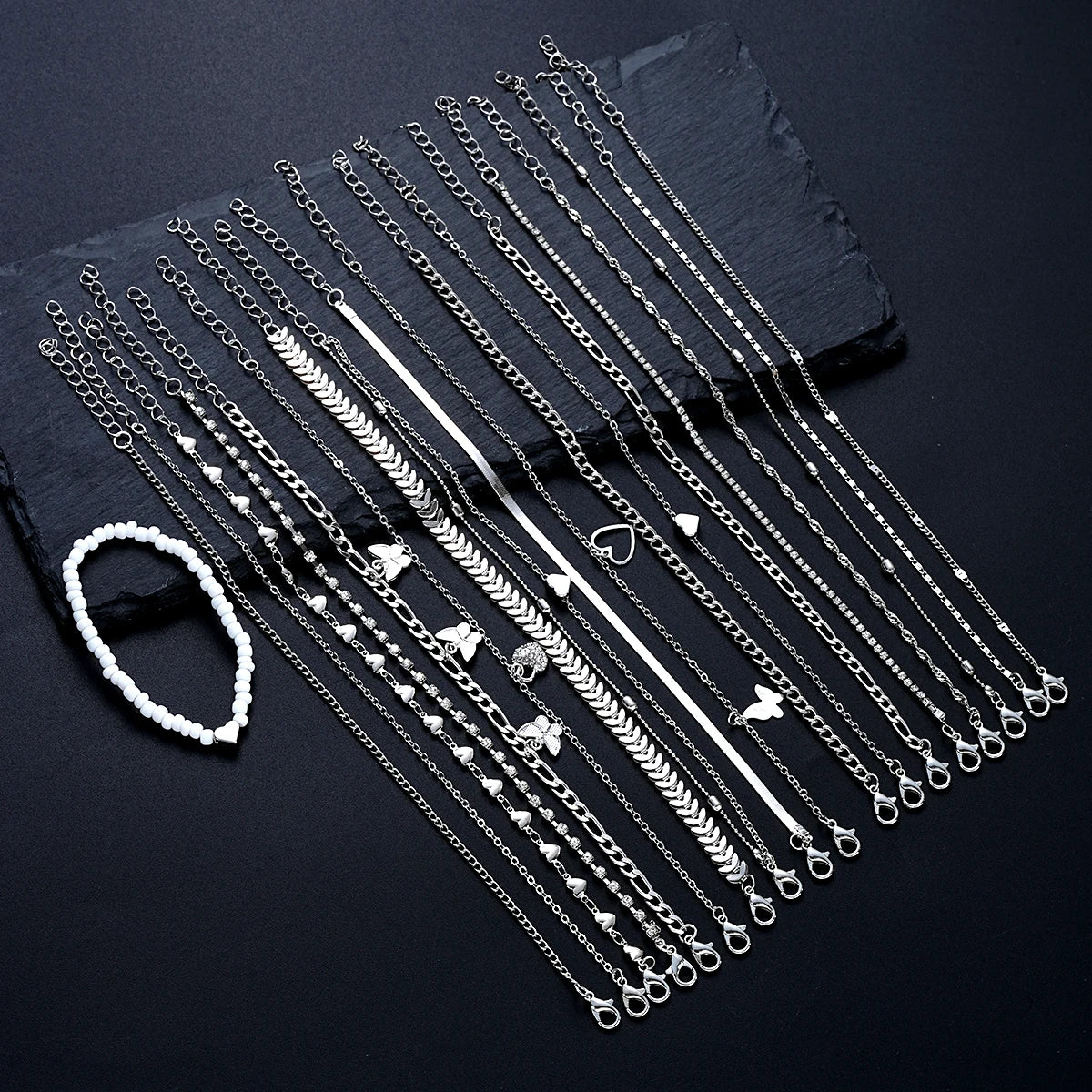 19Pcs/Set New Design Silver Color Anklet Sets for Women Fashion Pearl Butterfly Heart Crystal Foot Chain Versatile Daily Jewelry