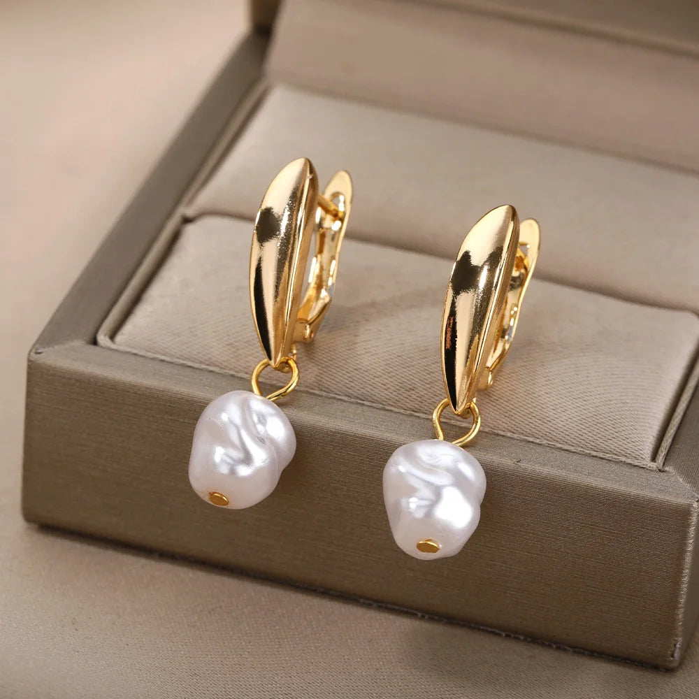 Pendientes colgantes de perlas de imitación Fashion Circle para mujer, de color dorado, de acero inoxidable, redondos, geométricos, de aro, joyas para boda