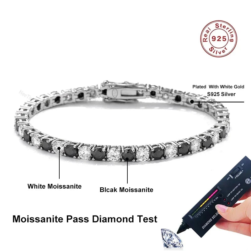 NeeTim Schwarz-Weiß alle Moissanit Tennisarmbänder für Damen und Herren, s925 Sterling Silber vergoldet Weißgold Hip Hop Armband