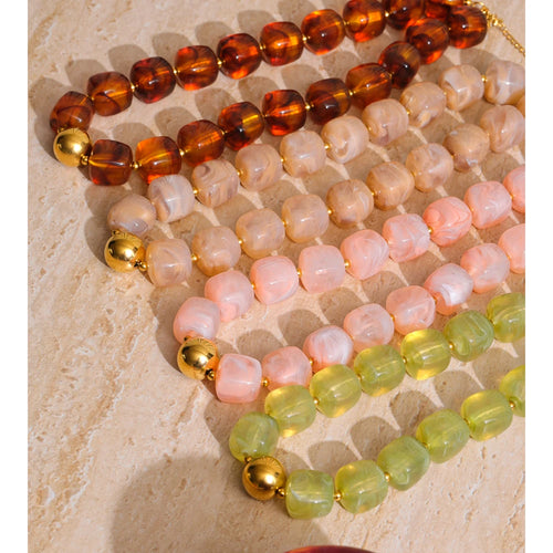 Yhpup Cuentas Acrílicas Cuadradas Cadena Collar Pulsera Brazalete Acero Inoxidable Joyería Hecha a Mano Impermeable Verde Caqui Rosa Ámbar