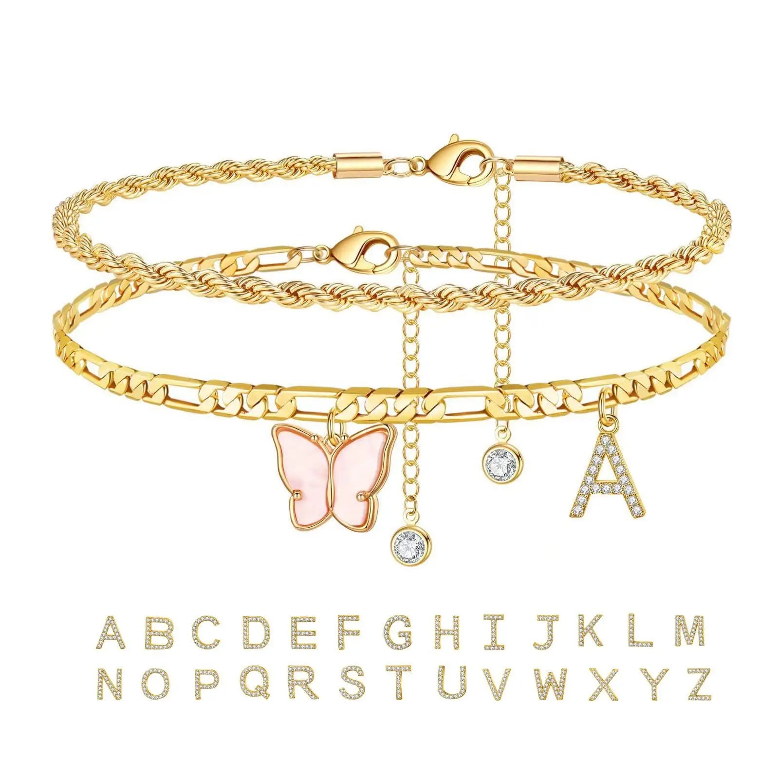 2 Stück Edelstahl Anfangs-Fußkettchen-Set für Frauen, 26 Buchstaben Acryl Schmetterling Charm Kette am Fuß Sommer Fußkettchen Schmuck