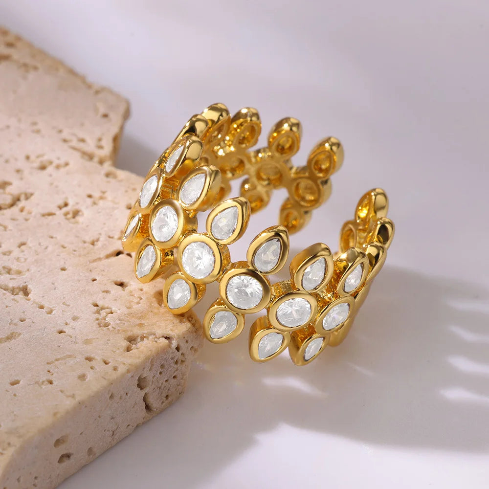 Weiße Zirkon Geometrische Edelstahlringe für Frauen Goldfarbe Verstellbarer Hochzeit Ästhetik Ring Schmuck Geschenk Zubehör