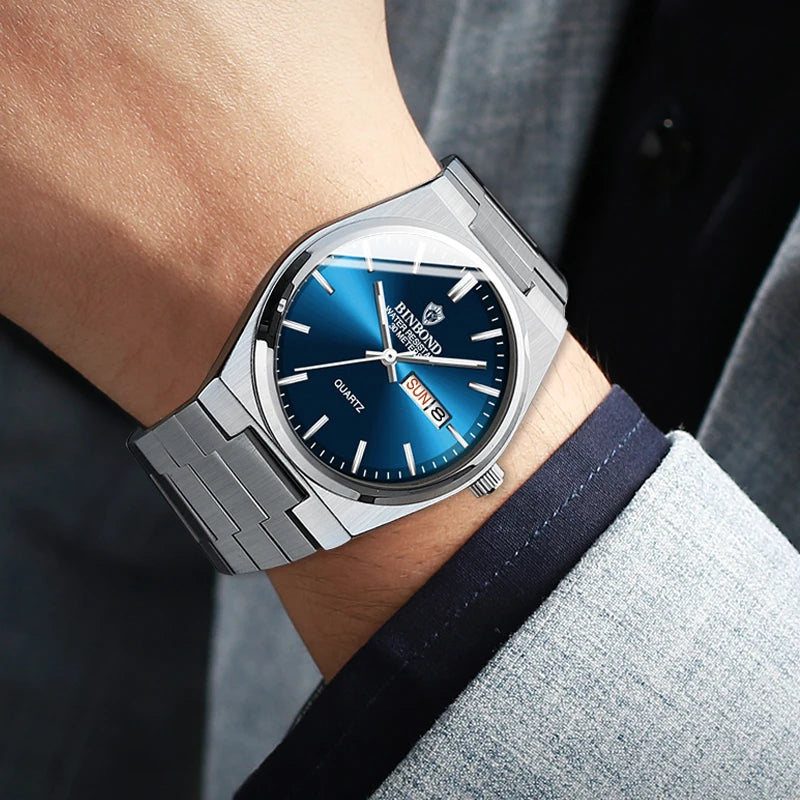 BINBOND Lujoso Reloj de Moda para Hombre, Reloj de Negocios de Alta Gama, Impermeable, Luminoso, con Fecha y Semana, Reloj de Cuarzo de Acero Inoxidable para Hombre