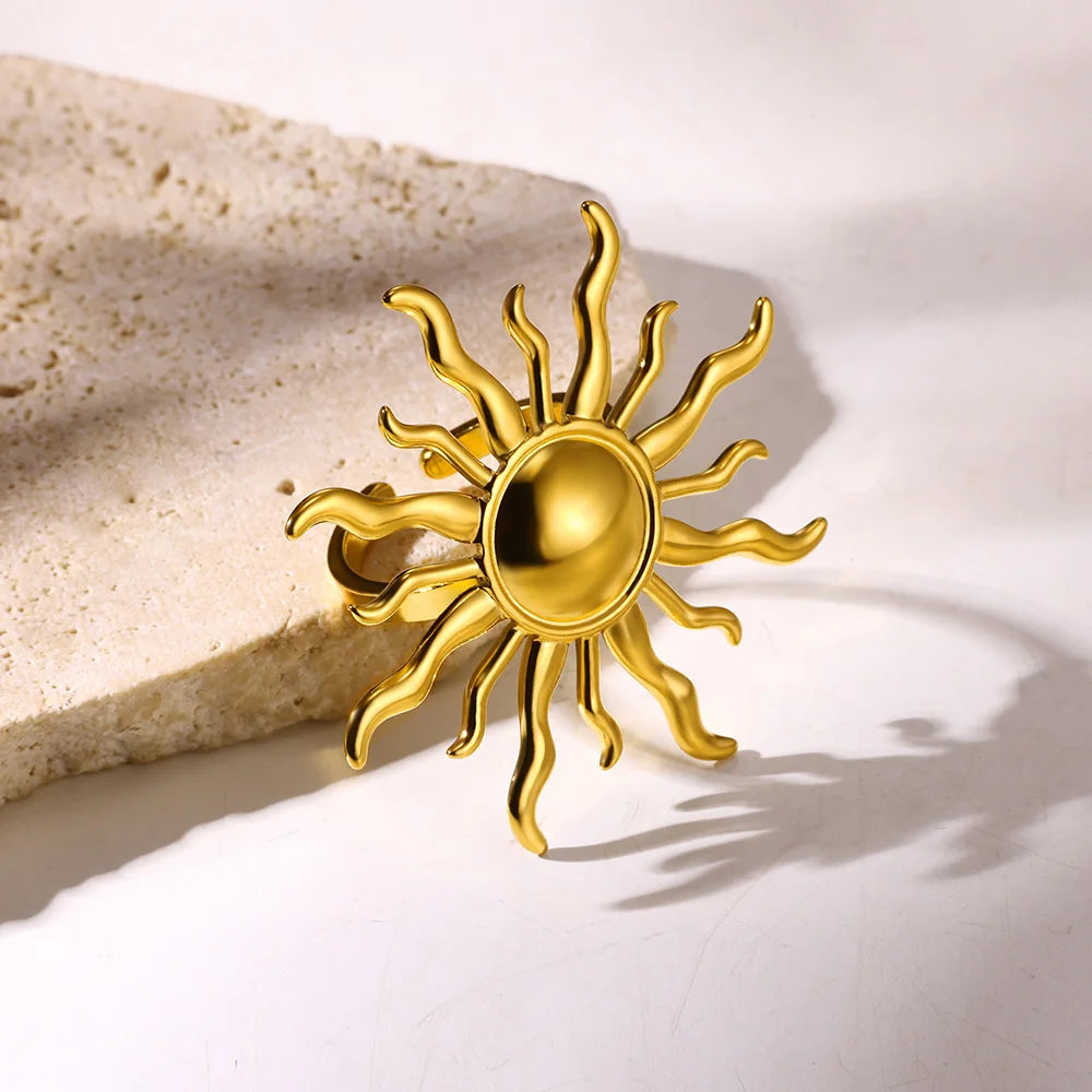 Überzogene Sonnenringe für Damen, goldfarben, Edelstahl, verstellbarer Sonnenring, modisches Jubiläumsparty-Glücksschmuckgeschenk